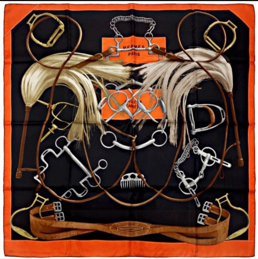 Hermes Orange and Black Silk Scarf